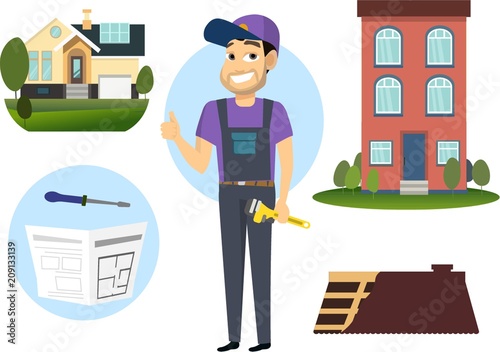 Manufacture set. Building and worker with house and instrument 