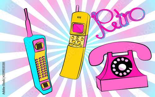 Set of old yellow blue and blue retro button retro vintage hipster square mobile phones and a disk wired telephone and an inscription retro against a background of purple rays.