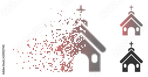 Vector church icon in fractured, pixelated halftone and undamaged solid variants. Disintegration effect uses square dots and horizontal gradient from red to black.