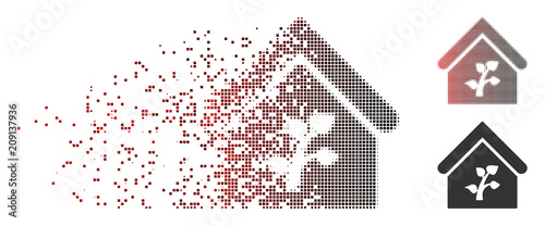 Vector greenhouse building icon in sparkle, dotted halftone and undamaged entire variants. Disappearing effect uses rectangle sparks and horizontal gradient from red to black.