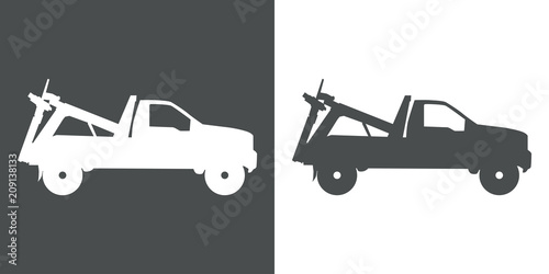 Icono plano camion de remolque en gris y blanco