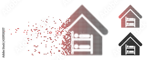 Vector hostel icon in sparkle, dotted halftone and undamaged entire versions. Disappearing effect involves rectangle particles and horizontal gradient from red to black.
