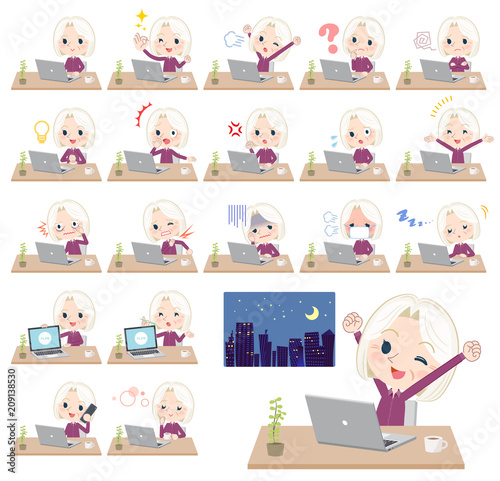 purple shirt old women White_desk work