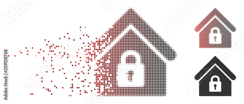 Vector lock building icon in dissolved, pixelated halftone and undamaged entire versions. Disappearing effect involves rectangular dots and horizontal gradient from red to black.