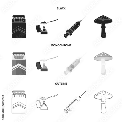 Cigarettes, a syringe, a galoyucinogenic fungus, heroin in a spoon.Drug set collection icons in black,monochrome,outline style vector symbol stock illustration web.