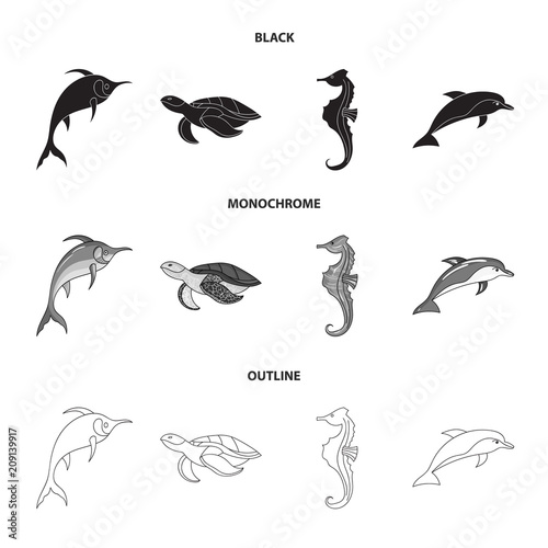 Merlin, turtle and other species.Sea animals set collection icons in black,monochrome,outline style vector symbol stock illustration web.