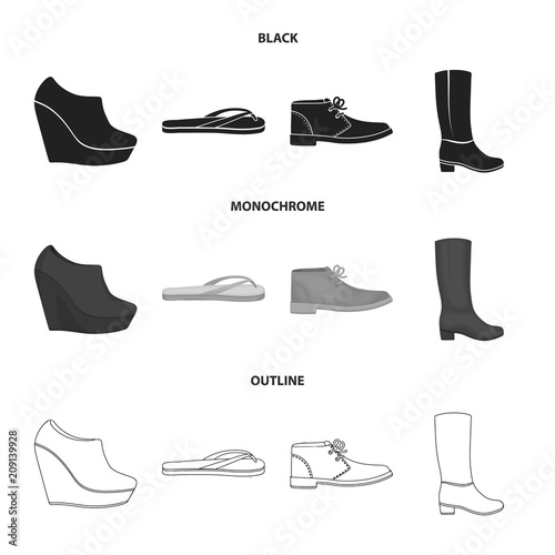 Autumn black shoes on a high platform, flip-flops green for relaxation, sandy men's autumn shoes, high brown boots. Shoes set collection icons in black,monochrome,outline style vector symbol stock