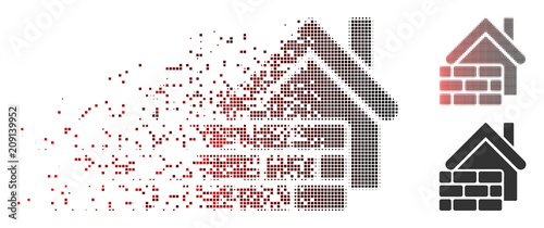 Vector realty brick wall icon in sparkle, dotted halftone and undamaged solid versions. Disintegration effect uses rectangle dots and horizontal gradient from red to black.
