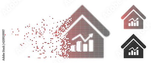 Vector realty charts icon in dissolved, pixelated halftone and undamaged whole variants. Disintegration effect uses square particles and horizontal gradient from red to black.
