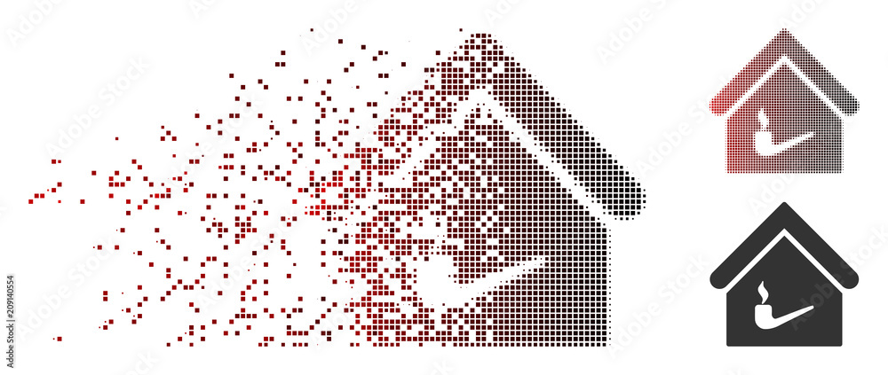 Vector smoking room icon in sparkle, pixelated halftone and undamaged entire versions. Disintegration effect uses rectangle dots and horizontal gradient from red to black.