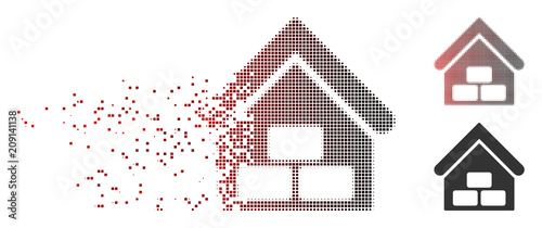 Vector warehouse icon in dissolved, dotted halftone and undamaged entire versions. Disappearing effect uses square dots and horizontal gradient from red to black.