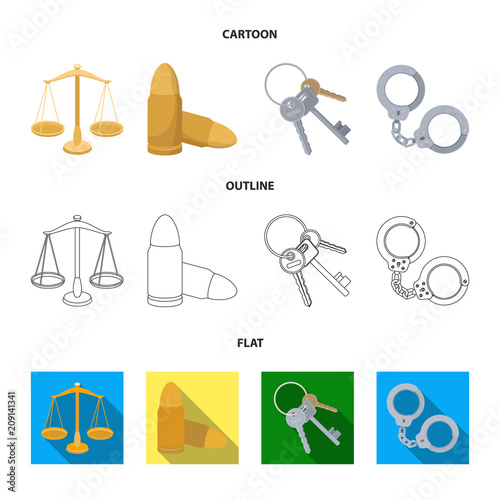 Scales of justice, cartridges, a bunch of keys, handcuffs.Prison set collection icons in cartoon,outline,flat style vector symbol stock illustration web. photo