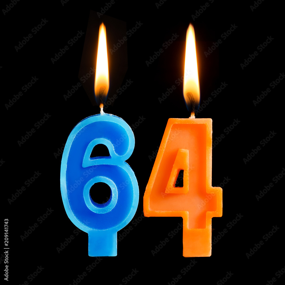 Burning birthday candles in the form of 64 sixty four for cake isolated on black background. Burning birthday candles in the form of 64 sixty four for cake isolated on black background.