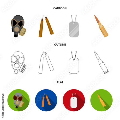 Gas mask, nunchak, ammunition, soldier's token. Weapons set collection icons in cartoon,outline,flat style vector symbol stock illustration web. photo