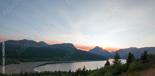 Smokey Sunset over Lower Two Medicine Lake in Glacier National Park in Montana United States duirng the 2017 fall fires