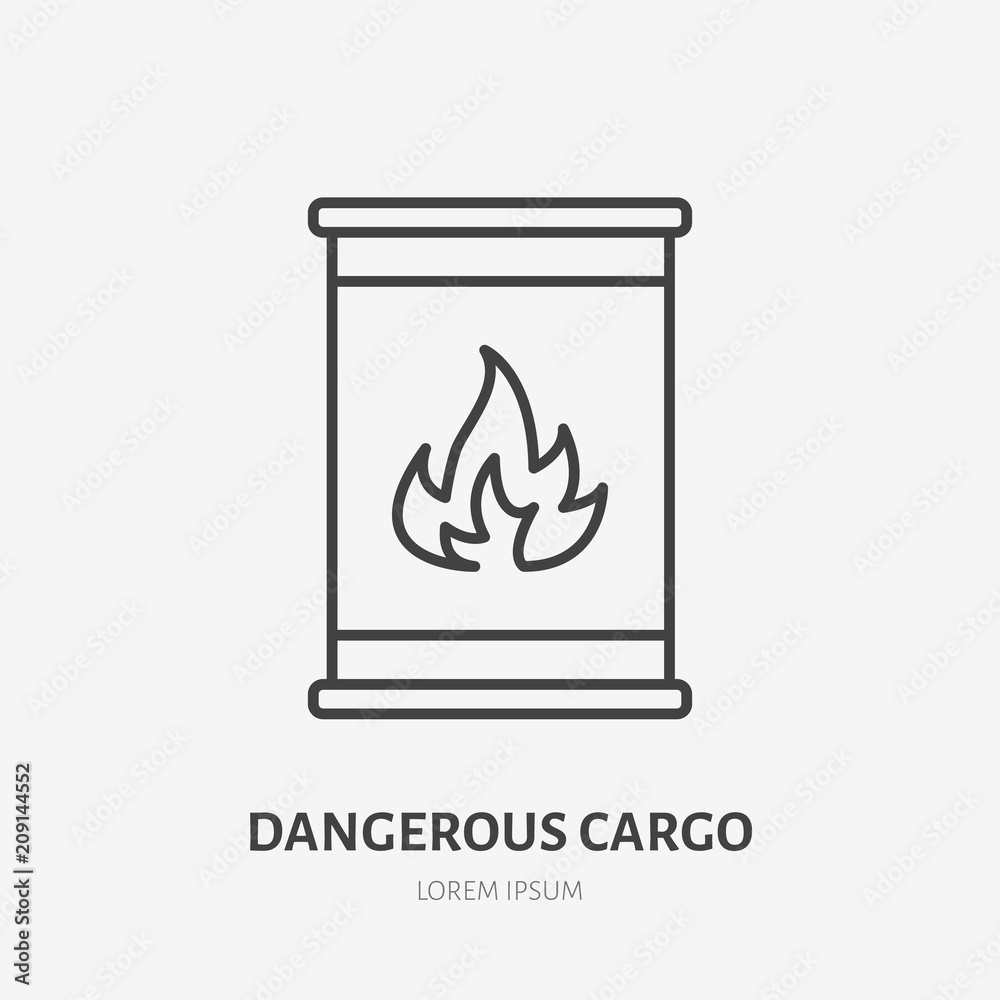 Flammable cargo flat line icon. Barrel with flame danger warning sign. Thin linear logo for freight services. Flammable cargo flat line icon. Barrel with flame danger warning sign. Thin linear logo for freight services.