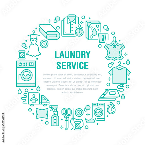 Dry cleaning, banner illustration with blue flat line icons. Laundry service equipment, washing machine, clothing leather repair garment steaming. Circle template thin colored signs launderette poster