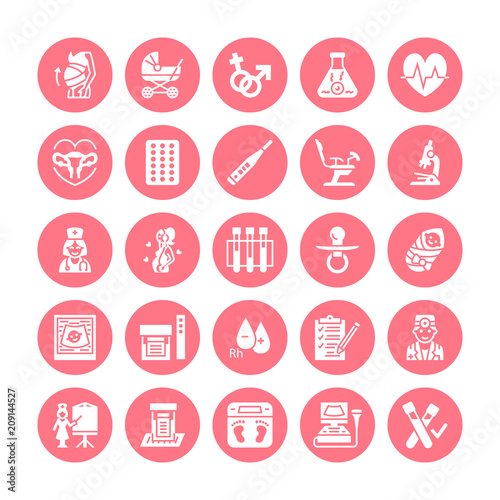 Gynecology, obstetrics vector flat glyph icons. Pregnancy medical elements - baby ultrasound, in vitro fertilization, test, uterus, pregnant woman. Solid silhouette pixel perfect 64x64 in circle.