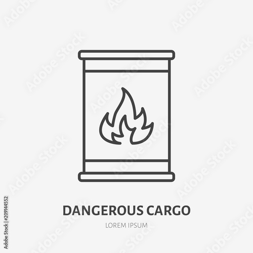 Flammable cargo flat line icon. Barrel with flame danger warning sign. Thin linear logo for freight services.