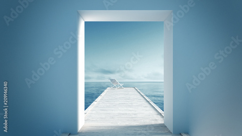 white lounger   Wooden pier on the tropical beach with blue sea and sky   3D render perspective