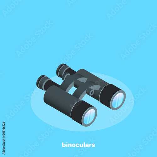 black binoculars on a blue background, isometric image