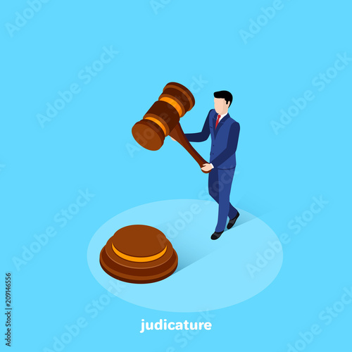 a man in a business suit is holding a judge's hammer, an isometric image