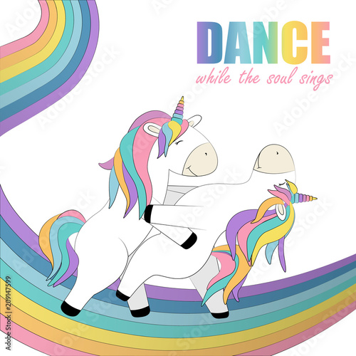 Card whith two unicorns that dance on the rainbow cartoon