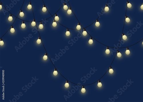 Glowing bulb garland, decorative light garland on dark background, footer and banner lamps, vector illustration