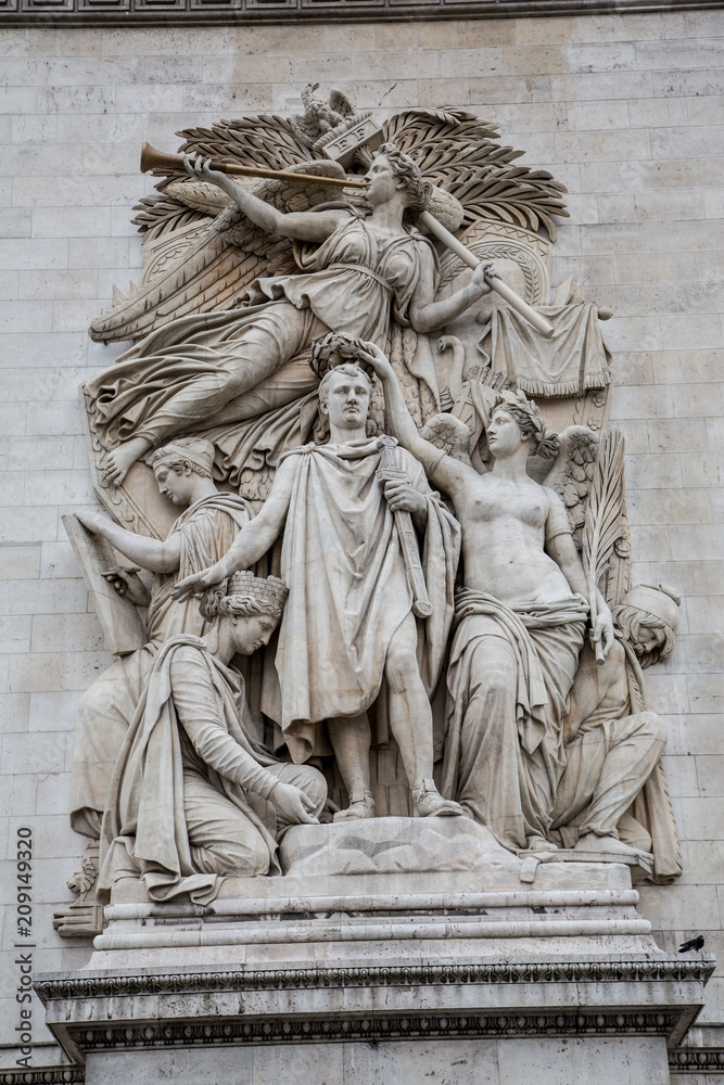 Close up view of the sculptures on the Arc de Triomphe in Paris, France