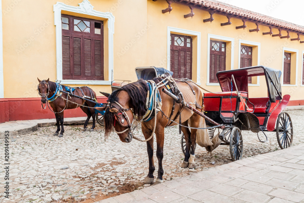 Horse carriages in the center of Trinidad, Cuba.