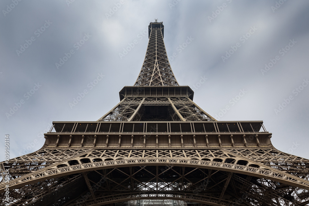 Close up view of the famous Eiffel Tower in Paris France