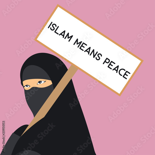 Person in burqa holding banner against pink background