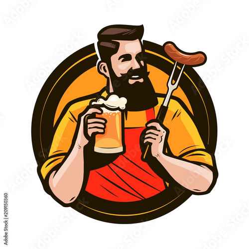Happy man holding a mug of fresh beer. Brewery, pub, alcohol drink logo or label. Vector illustration