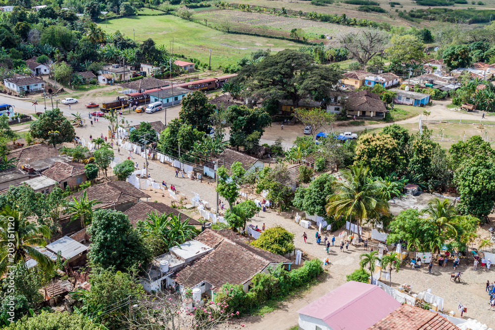 MANACA IZNAGA, CUBA - FEB 9, 2016: Aerial view of souvenir stalls in Iznaga village in Valle de los Ingenios valley near Trinidad, Cuba