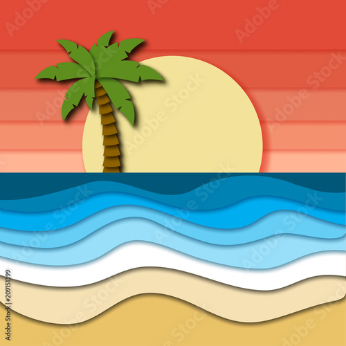 Beautiful tropical landscape with pink sky, sunset, plam tree on horizon and sea or ocean waves at sand beach.