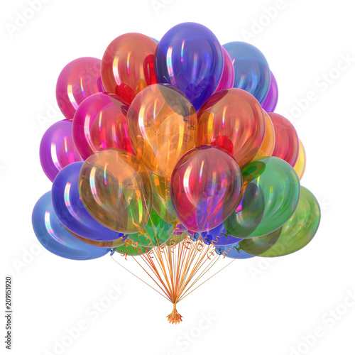 colorful balloons, birthday party decoration multicolor. helium balloon bunch glossy different colors. Holiday, anniversary celebration greeting card. 3d illustration