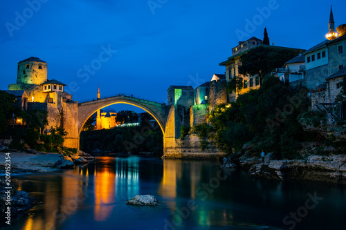 Twilight view of Crooked Bridge, Mostar, Bosnia
