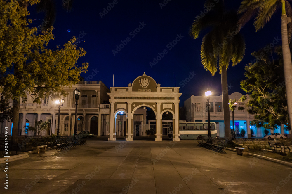 Night view of Parque Jose Marti square in Cienfuegos, Cuba