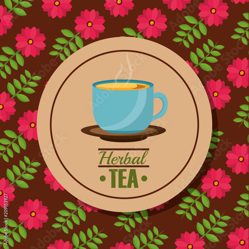 herbal tea teacup on dish and flower background vector illustration