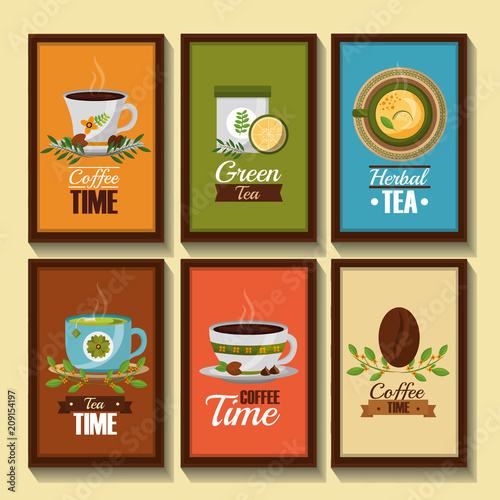coffee and tea time banners decorative flower in cups grain seeds vector illustration