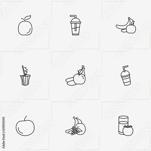 Juice line icon set with apple, juice cup and tomato juice