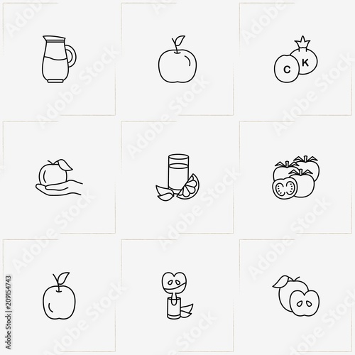 Juice line icon set with jug, lemon juice and tomato