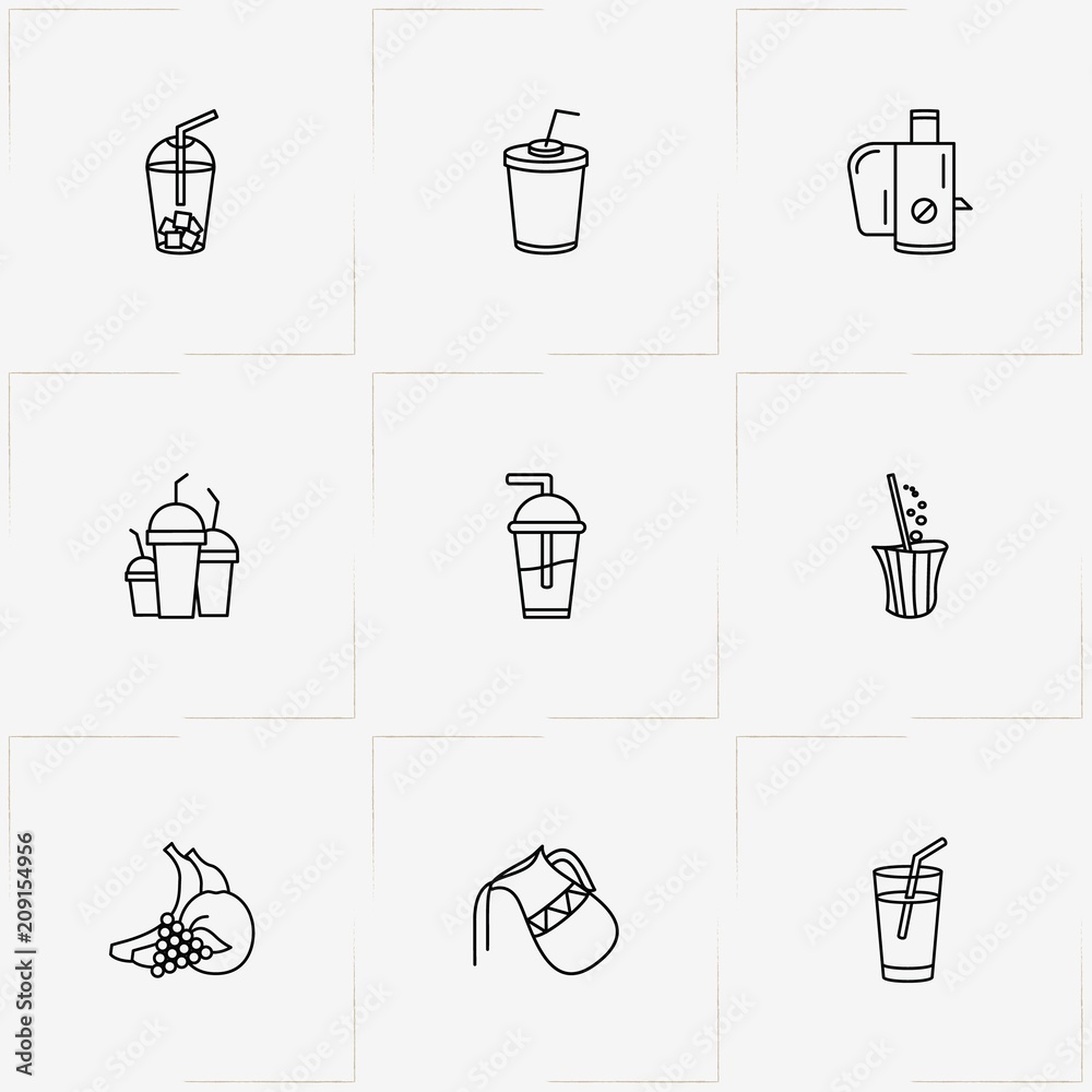 Juice line icon set with juice glass, fruits and juice cup Juice line icon set with juice glass, fruits and juice cup