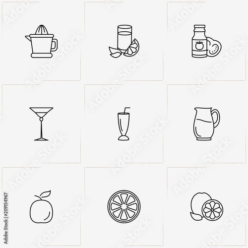 Juice line icon set with tomato juice , jug and orange
