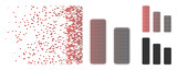 Vector bar chart decrease icon in sparkle, dotted halftone and undamaged entire variants. Disappearing effect uses rectangle scintillas and horizontal gradient from red to black.