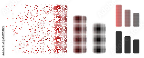 Vector bar chart decrease icon in sparkle, dotted halftone and undamaged entire variants. Disappearing effect uses rectangle scintillas and horizontal gradient from red to black. photo