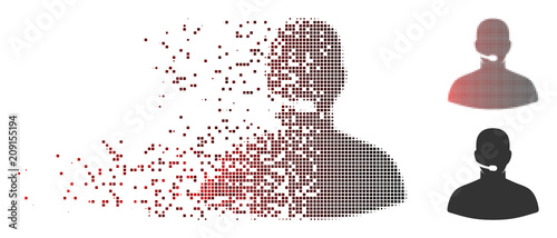 Vector call center operator icon in dispersed, dotted halftone and undamaged solid versions. Disintegration effect involves rectangular scintillas and horizontal gradient from red to black.