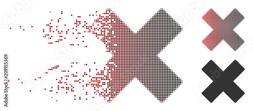 Vector delete x-cross icon in sparkle, dotted halftone and undamaged entire versions. Disintegration effect uses rectangle sparks and horizontal gradient from red to black.