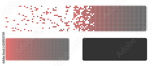 Vector minus icon in sparkle, pixelated halftone and undamaged solid versions. Disintegration effect uses rectangle particles and horizontal gradient from red to black.