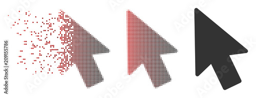 Vector mouse pointer icon in sparkle, dotted halftone and undamaged whole variants. Disappearing effect uses rectangular scintillas and horizontal gradient from red to black. photo